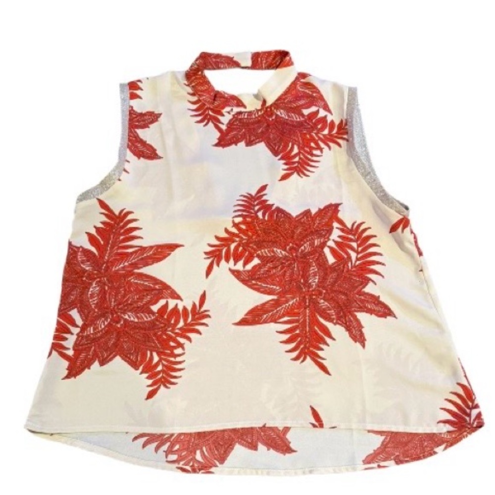 NWOT GRACIA Sheer Floral Red and White Sleeveless Top with Open Back Size M